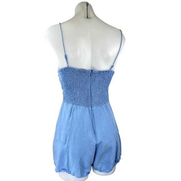 Zara Blue Linen Sleeveless Knot Smocked Cami Camisole Tank Romper Shorts Size M - Picture 2 of 4